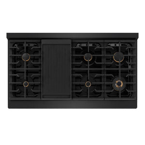 ZLINE 48 in. Paramount Gas Rangetop with 8 Brass Burners and Porcelain Cooktop in Black Stainless Steel (SRTB-BR-48) top-down, above cooktop.