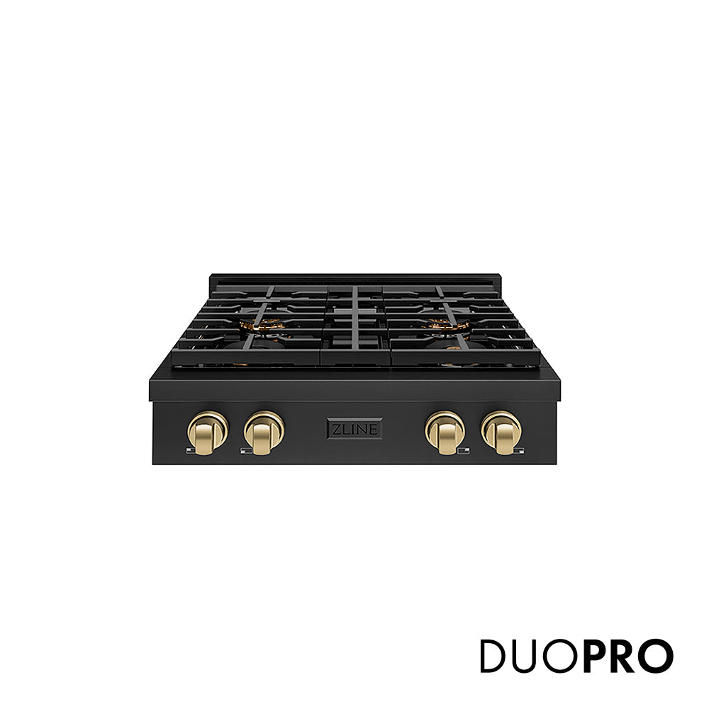 ZLINE Autograph Edition 30 in. Paramount Gas Rangetop with 4 Burner DuoPro™ Cooktop in Black Stainless Steel and Champagne Bronze Accents (PSRTBZ-30-CB)