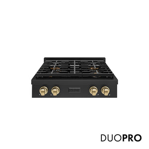 ZLINE Autograph Edition 30 in. Paramount Gas Rangetop with 4 Burner DuoPro™ Cooktop in Black Stainless Steel and Champagne Bronze Accents (PSRTBZ-30-CB)