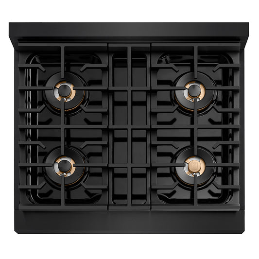 ZLINE Autograph Edition 30 in. Paramount Gas Rangetop with 4 Burner DuoPro™ Cooktop in Black Stainless Steel and Champagne Bronze Accents (PSRTBZ-30-CB) top-down, above cooktop.