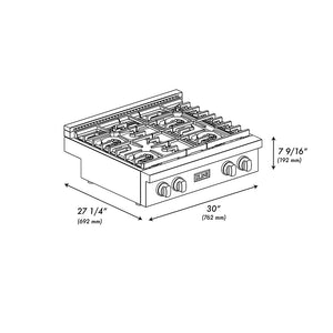 ZLINE Autograph Edition 30 in. Paramount Gas Rangetop with 4 Burner DuoPro™ Cooktop in Black Stainless Steel and Polished Gold Accents (PSRTBZ-30-G)