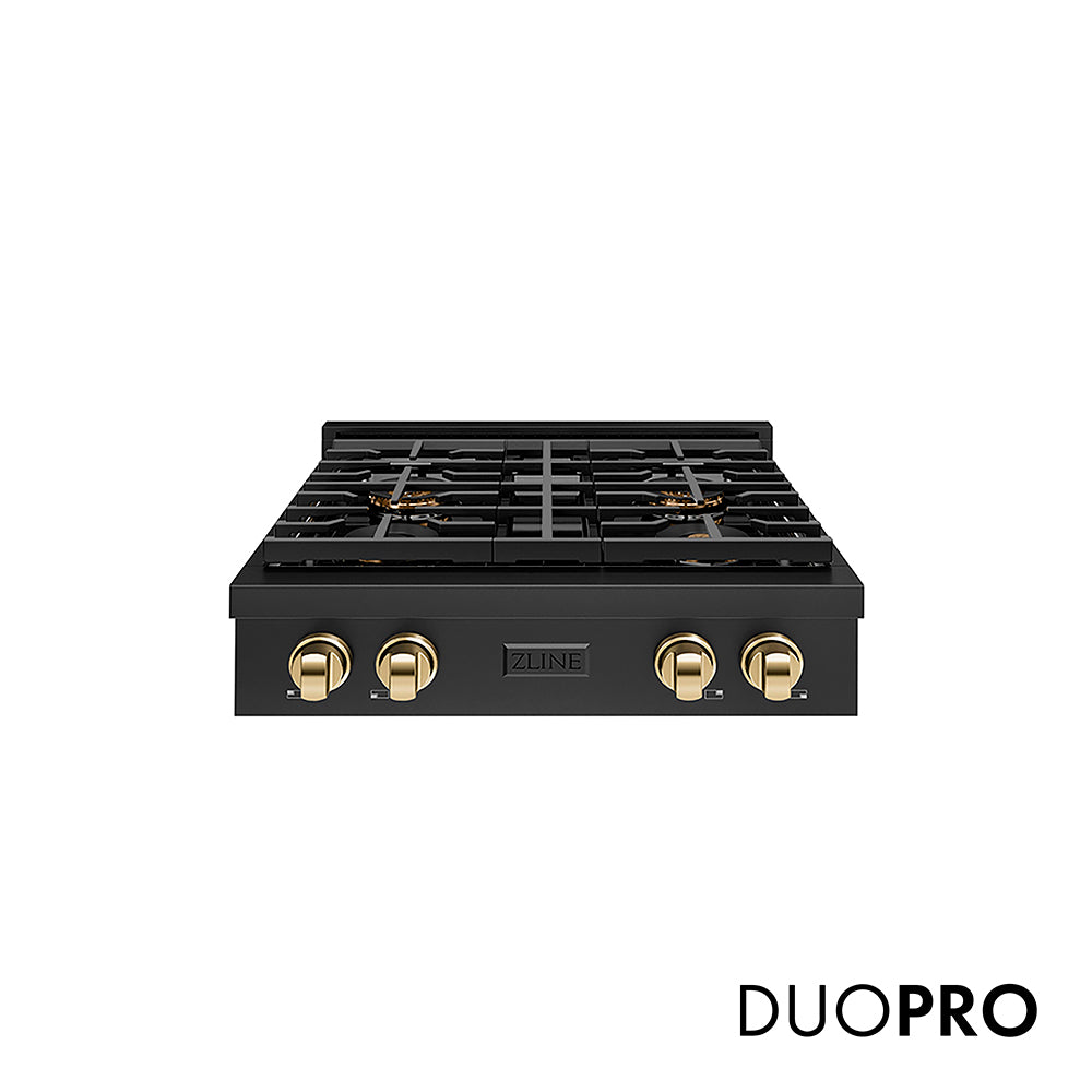 ZLINE Autograph Edition 30 in. Paramount Gas Rangetop with 4 Burner DuoPro™ Cooktop in Black Stainless Steel and Polished Gold Accents (PSRTBZ-30-G)