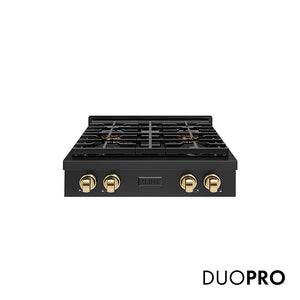 ZLINE Autograph Edition 30 in. Paramount Gas Rangetop with 4 Burner DuoPro™ Cooktop in Black Stainless Steel and Polished Gold Accents (PSRTBZ-30-G)