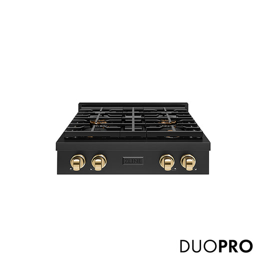 ZLINE Autograph Edition 30 in. Paramount Gas Rangetop with 4 Burner DuoPro™ Cooktop in Black Stainless Steel and Polished Gold Accents (PSRTBZ-30-G)