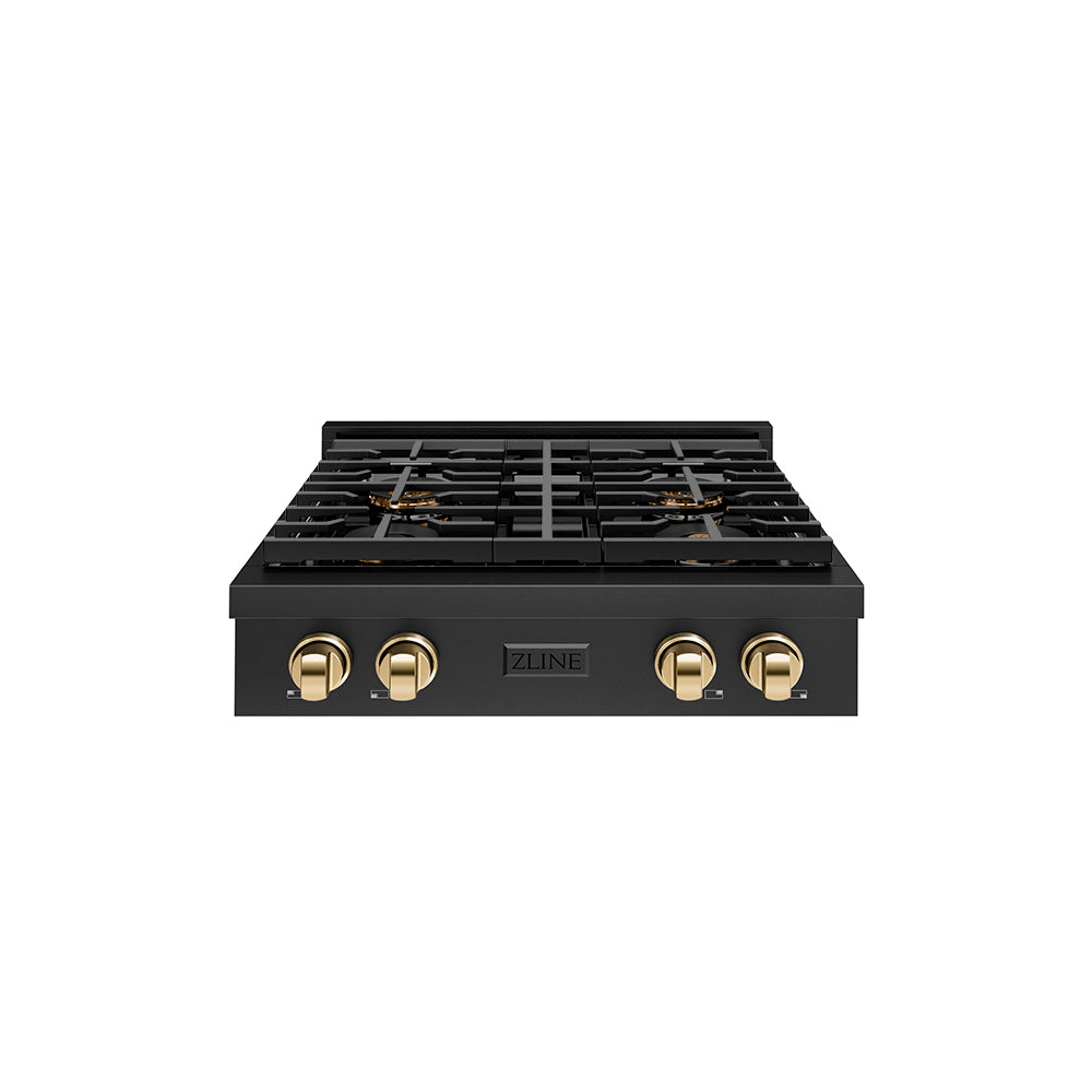 ZLINE Autograph Edition 30 in. Paramount Gas Rangetop with 4 Burner DuoPro™ Cooktop in Black Stainless Steel and Polished Gold Accents (PSRTBZ-30-G)