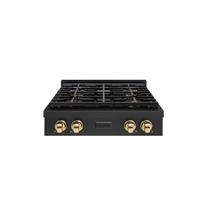 ZLINE Autograph Edition 30 in. Paramount Gas Rangetop with 4 Burner DuoPro™ Cooktop in Black Stainless Steel and Polished Gold Accents (PSRTBZ-30-G)
