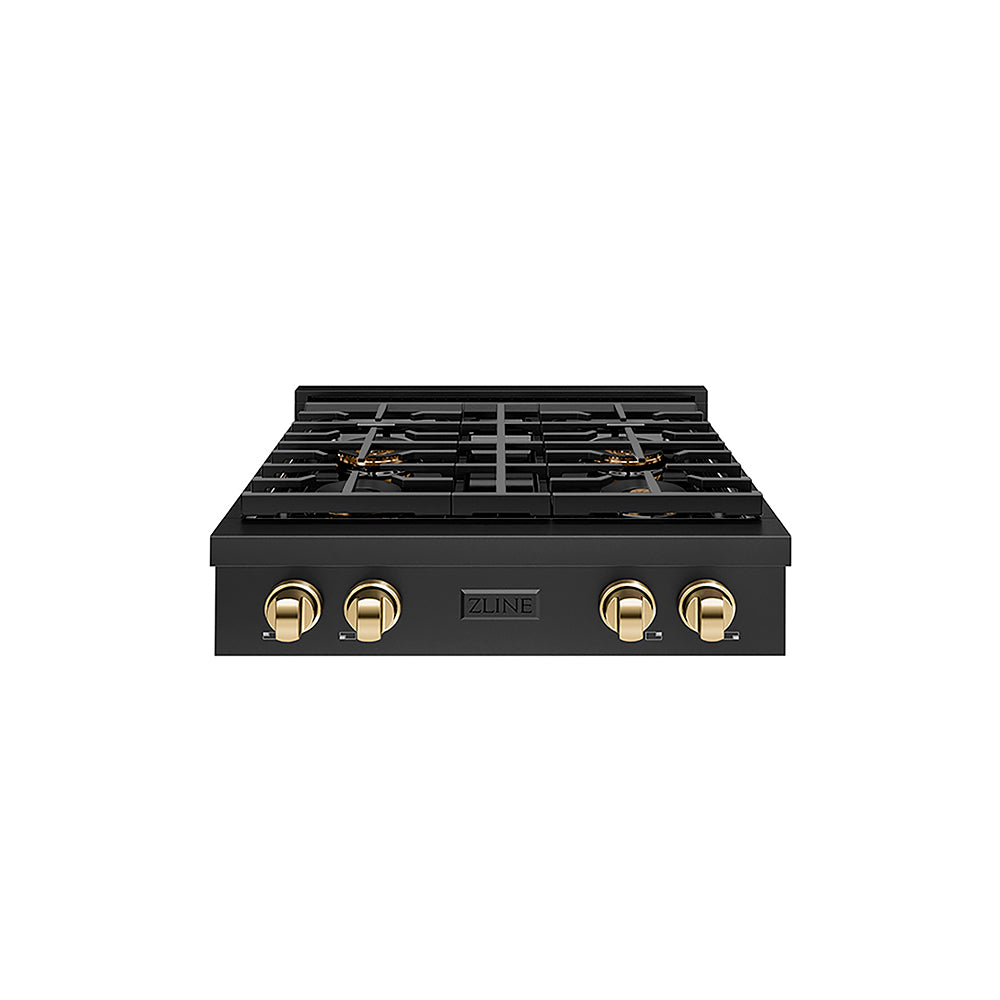 ZLINE Autograph Edition 30 in. Paramount Gas Rangetop with 4 Burner DuoPro™ Cooktop in Black Stainless Steel and Polished Gold Accents (PSRTBZ-30-G)
