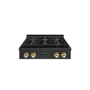 ZLINE Autograph Edition 30 in. Paramount Gas Rangetop with 4 Burner DuoPro™ Cooktop in Black Stainless Steel and Polished Gold Accents (PSRTBZ-30-G)
