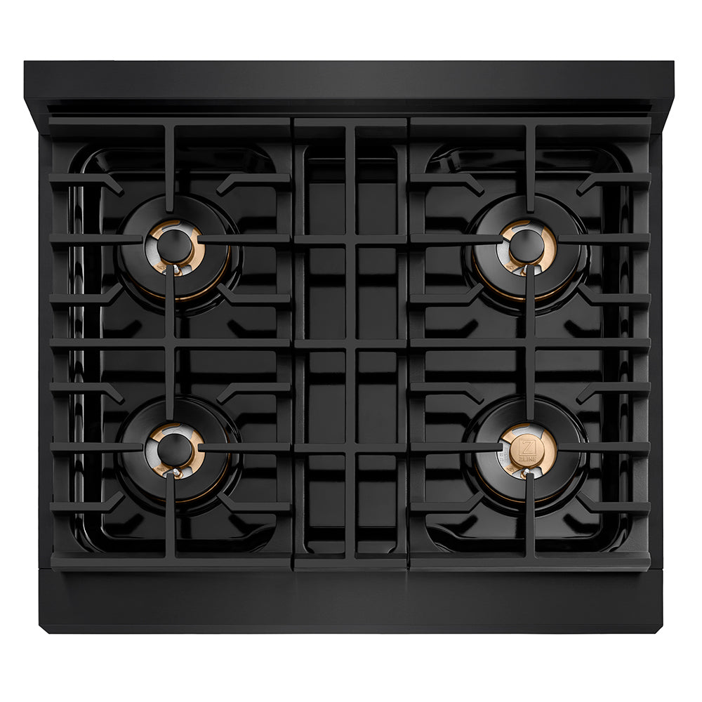 ZLINE Autograph Edition 30 in. Paramount Gas Rangetop with 4 Burner DuoPro™ Cooktop in Black Stainless Steel and Polished Gold Accents (PSRTBZ-30-G) top-down, above cooktop.