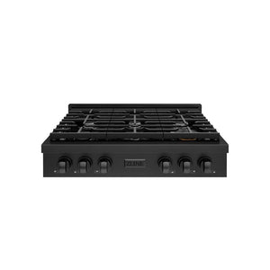 ZLINE 36 in. Paramount Gas Rangetop with 6 Burners and Porcelain Cooktop in Black Stainless Steel (SRTB-36) front.