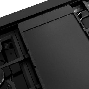 ZLINE 48 in. Paramount Gas Rangetop with 8 Burners and Porcelain Cooktop in Black Stainless Steel (SRTB-48) close-up detail, reversible griddle, flat side.