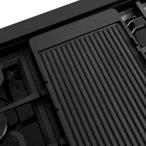 ZLINE 48 in. Paramount Gas Rangetop with 8 Burners and Porcelain Cooktop in Black Stainless Steel (SRTB-48) close-up detail, reversible griddle, ribbed side.