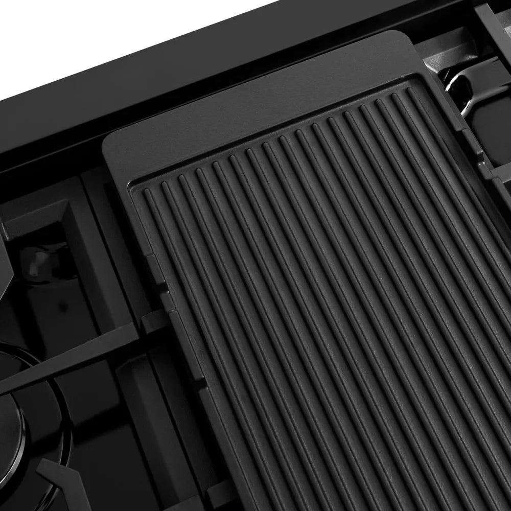 ZLINE 48 in. Paramount Gas Rangetop with 8 Burners and Porcelain Cooktop in Black Stainless Steel (SRTB-48) close-up detail, reversible griddle, ribbed side.