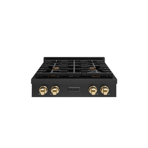 ZLINE 30 in. Autograph Edition Paramount Gas Rangetop with 4 Burners and Porcelain Cooktop in Black Stainless Steel with Polished Gold Accents (SRTBZ-30-G) front.
