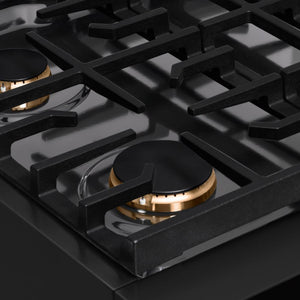 ZLINE 30 in. Autograph Edition Paramount Gas Rangetop with 4 Burners and Porcelain Cooktop in Black Stainless Steel with Polished Gold Accents (SRTBZ-30-G) close-up detail, cast-iron cooktop grates.