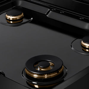 ZLINE 30 in. Autograph Edition Paramount Gas Rangetop with 4 Burners and Porcelain Cooktop in Black Stainless Steel with Polished Gold Accents (SRTBZ-30-G) close-up detail, black porcelain cooktop without grates.