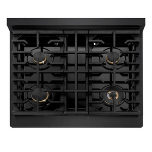 ZLINE 30 in. Autograph Edition Paramount Gas Rangetop with 4 Burners and Porcelain Cooktop in Black Stainless Steel with Polished Gold Accents (SRTBZ-30-G) top-down, above cooktop.