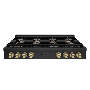 ZLINE 48 in. Autograph Edition Paramount Gas Rangetop with 8 Burners and Porcelain Cooktop in Black Stainless Steel with Champagne Bronze Accents (SRTBZ-48-CB) front.