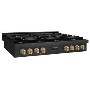 ZLINE 48 in. Autograph Edition Paramount Gas Rangetop with 8 Burners and Porcelain Cooktop in Black Stainless Steel with Champagne Bronze Accents (SRTBZ-48-CB) side.