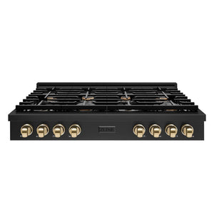 ZLINE 48 in. Autograph Edition Paramount Gas Rangetop with 8 Burners and Porcelain Cooktop in Black Stainless Steel with Polished Gold Accents (SRTBZ-48-G) front.