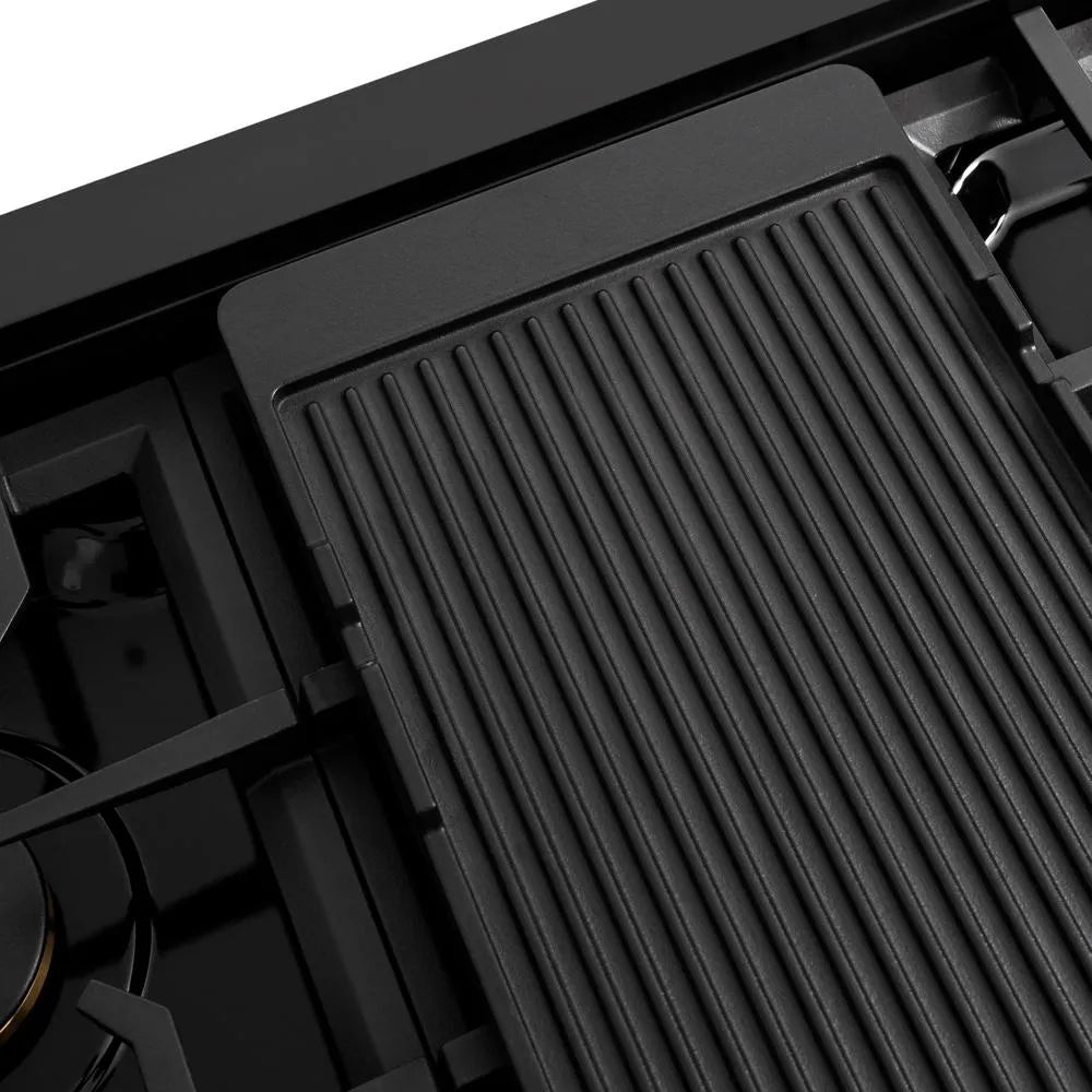 ZLINE 48 in. Autograph Edition Paramount Gas Rangetop with 8 Burners and Porcelain Cooktop in Black Stainless Steel with Polished Gold Accents (SRTBZ-48-G) close-up detail, reversible griddle, ribbed side.