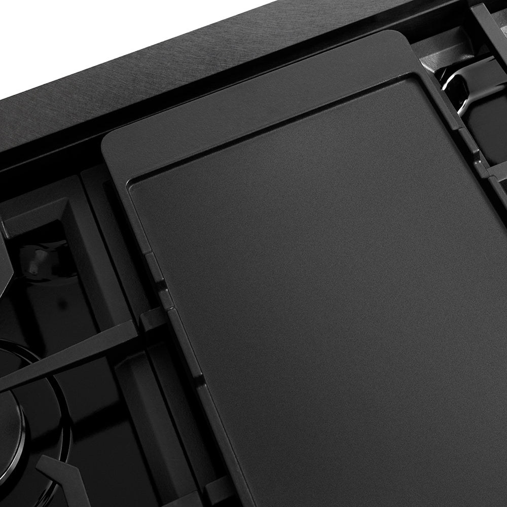 ZLINE 48 in. Paramount Gas Rangetop with 8 Burners and Porcelain Cooktop in Black Satin Stainless Steel (SRTBS-48) reversible griddle flat side.