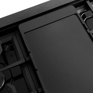 ZLINE 48 in. Paramount Gas Rangetop with 8 Burners and Porcelain Cooktop in Black Satin Stainless Steel (SRTBS-48) reversible griddle flat side.