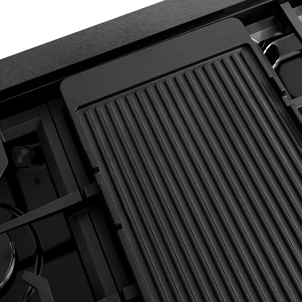 ZLINE 48 in. Paramount Gas Rangetop with 8 Burners and Porcelain Cooktop in Black Satin Stainless Steel (SRTBS-48) reversible griddle ribbed side.