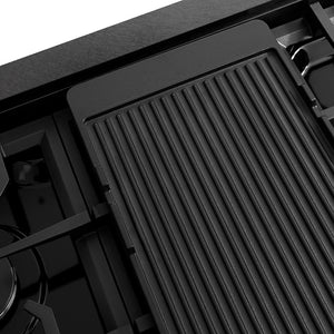 ZLINE 48 in. Paramount Gas Rangetop with 8 Burners and Porcelain Cooktop in Black Satin Stainless Steel (SRTBS-48) reversible griddle ribbed side.