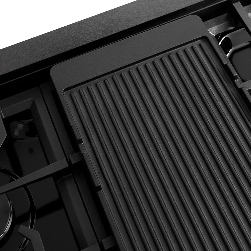 ZLINE 48 in. Paramount Gas Rangetop with 8 Burners and Porcelain Cooktop in Black Satin Stainless Steel (SRTBS-48) reversible griddle ribbed side.