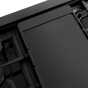ZLINE Autograph Edition 48 in. Paramount Gas Rangetop with 8 Burners and Porcelain Cooktop in Black Satin Stainless Steel with Champagne Bronze Accents (SRTBSZ-48-CB) reversible griddle flat side.