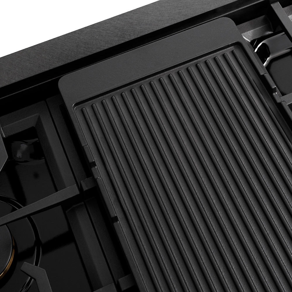 ZLINE Designer Collection 48 in. Paramount Gas Rangetop with 8 Burners in Black Satin Stainless Steel with Matte Black and Champagne Bronze Accents (SRTBSZ-48-MBCB) reversible griddle ribbed side.