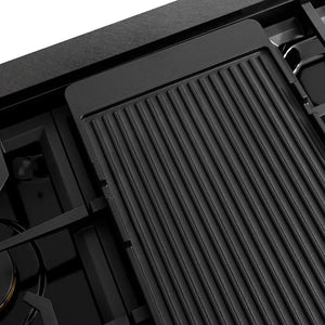 ZLINE Designer Collection 48 in. Paramount Gas Rangetop with 8 Burners in Black Satin Stainless Steel with Matte Black and Champagne Bronze Accents (SRTBSZ-48-MBCB) reversible griddle ribbed side.