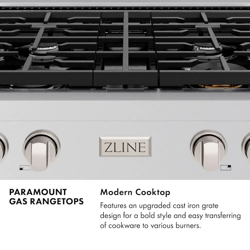 Front of cooktop with ZLINE logo. Text: Paramount Gas Rangetops. Modern Cooktop. Features and upgraded cast iron grate design for a bold style and easy transferring of cookware to various burners.