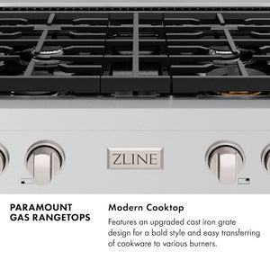 Front of cooktop with ZLINE logo. Text: Paramount Gas Rangetops. Modern Cooktop. Features and upgraded cast iron grate design for a bold style and easy transferring of cookware to various burners.