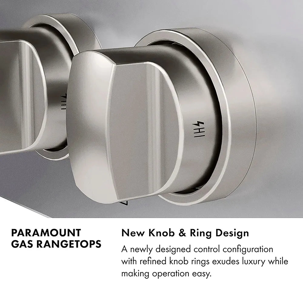 Paramount Gas Rangetops Infographic. New Knob and Ring Design. Text: A newly designed control configuration with refined knob rings exudes luxury while making operation easy.