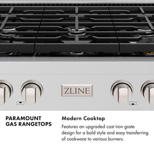 Front of cooktop with ZLINE logo. Text: Paramount Gas Rangetops. Modern Cooktop. Features and upgraded cast iron grate design for a bold style and easy transferring of cookware to various burners.
