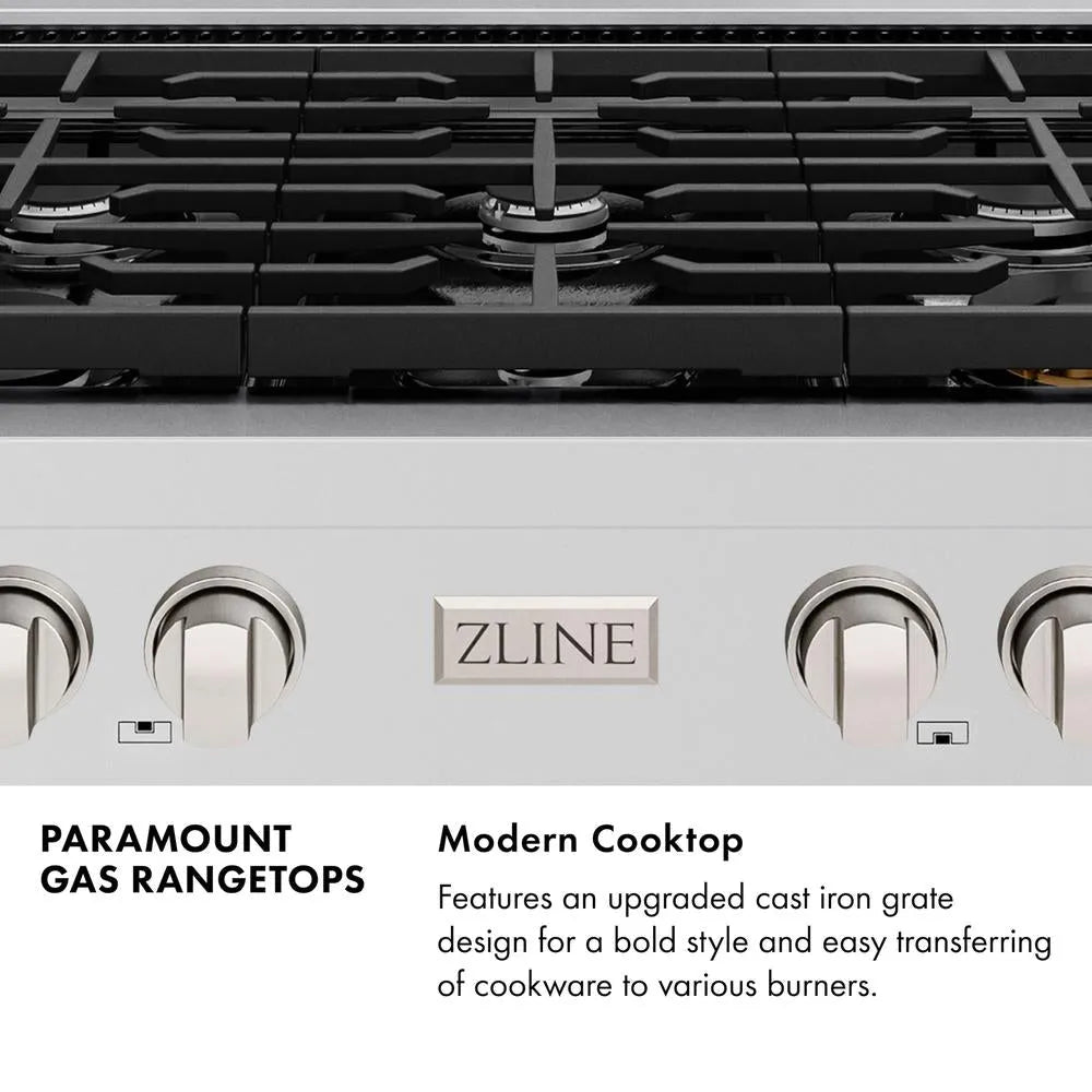 Front of cooktop with ZLINE logo. Text: Paramount Gas Rangetops. Modern Cooktop. Features and upgraded cast iron grate design for a bold style and easy transferring of cookware to various burners.