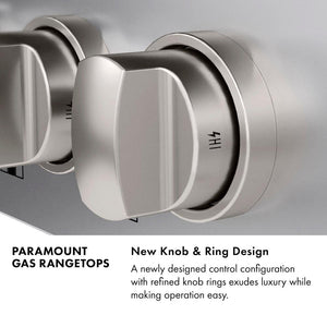 Close-up, knob. Text: Paramount Gas Rangetops New Knob and Ring Design. A newly designed control configuration with refined knob rings exudes luxury while making operation easy.
