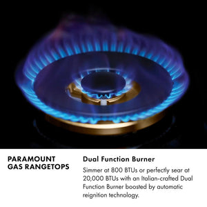 Close-up, gas burner ignited. Text: Paramount Gas Rangetops Dual Function Burner. Simmer at 800 BTUs or perfectly sear at 20,000 BTUs with an Italian-crafted Dual Function Burner boosted by automatic reignition technology.