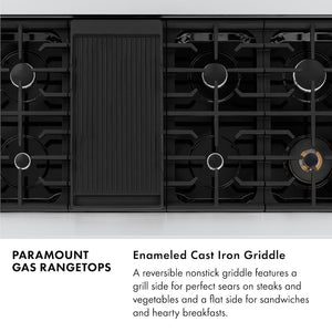 Paramount Gas Rangetops Infographic. Enameled Cast Iron Griddle. Text: A reversible nonstick griddle features a grill side for perfect sears on steaks and vegetables and a flat side for sandwiches and hearty breakfasts.