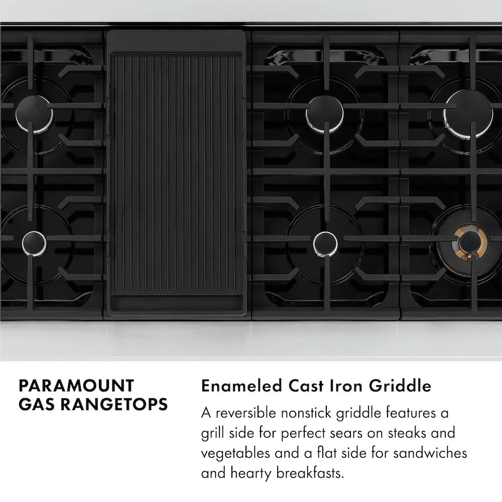 Paramount Gas Rangetops Infographic. Enameled Cast Iron Griddle. Text: A reversible nonstick griddle features a grill side for perfect sears on steaks and vegetables and a flat side for sandwiches and hearty breakfasts.