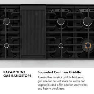 Paramount Gas Rangetops Infographic. Enameled Cast Iron Griddle. Text: A reversible nonstick griddle features a grill side for perfect sears on steaks and vegetables and a flat side for sandwiches and hearty breakfasts.