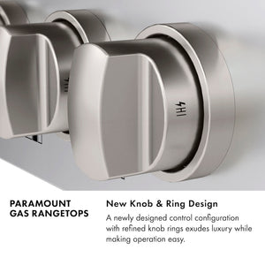 Paramount Gas Rangetops Infographic. New Knob and Ring Design. Text: A newly designed control configuration with refined knob rings exudes luxury while making operation easy.