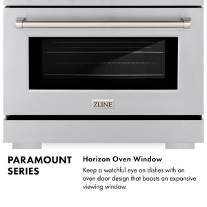 Paramount Series Infographic. Horizon Oven Window. Text: Keep a watchful eye on dishes with an oven door design that boasts an expansive viewing window.