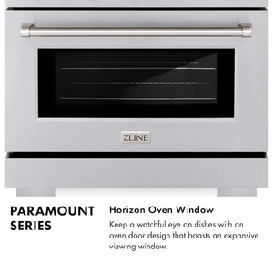 Paramount Series Infographic. Image: Oven door window. Text: Horizon Oven Window. Keep a watchful eye on dishes with an oven door design that boasts an expansive viewing window.