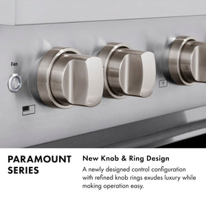 Paramount Series Infographic. New Knob and Ring Design. Text: A newly designed control configuration with refined knob rings exudes luxury while making operation easy.