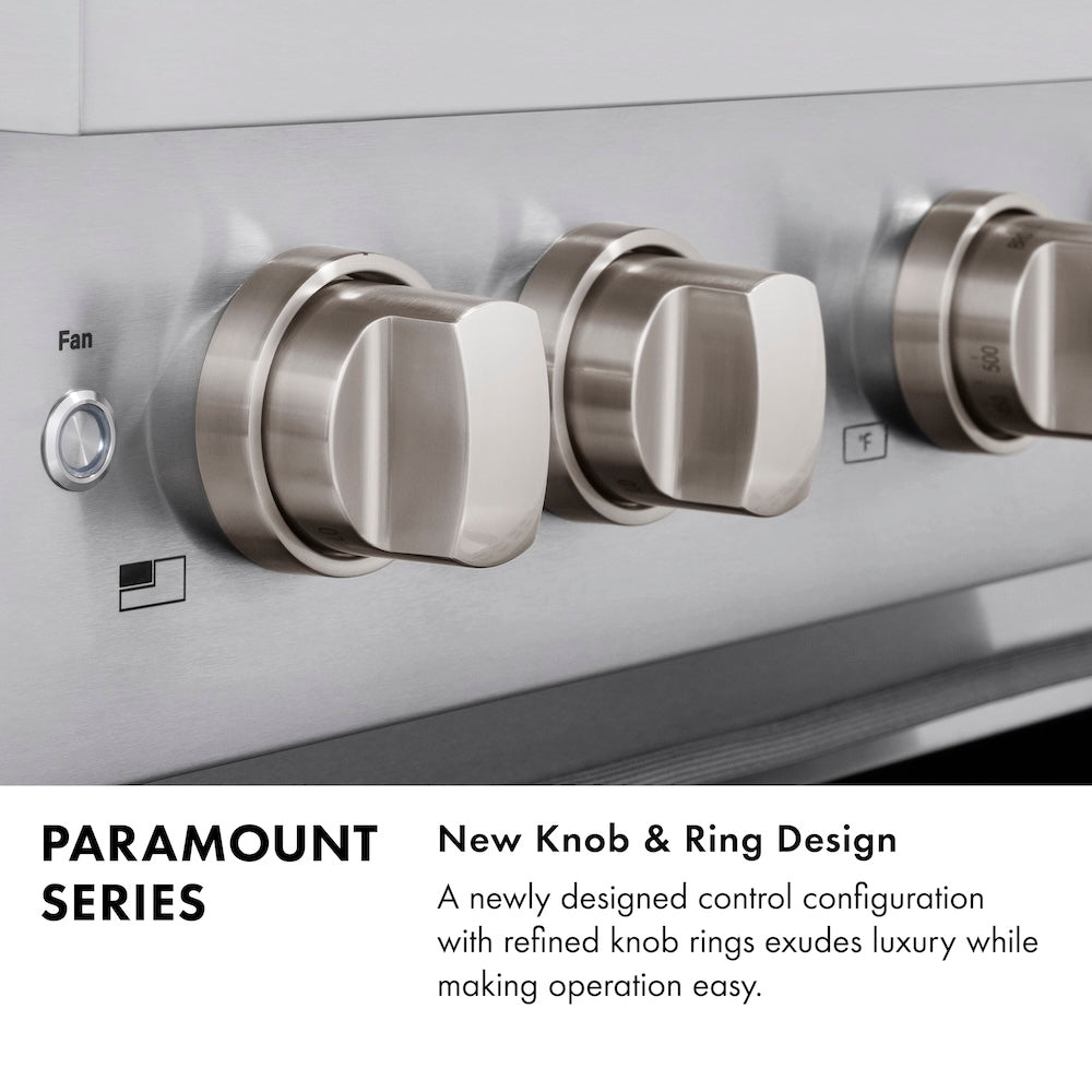 Paramount Series Infographic. Image: Cooktop and oven knobs. Text: New Knob and Ring Design. A newly designed control configuration with refined knob rings exudes luxury while making operation easy.