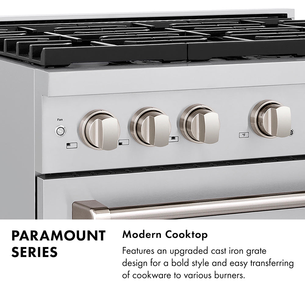 Paramount Series Infographic. Image: Cooktop with grates. Text: Modern Cooktop. Features an upgraded cast iron grate design for a bold style and easy transferring of cookware to various burners.