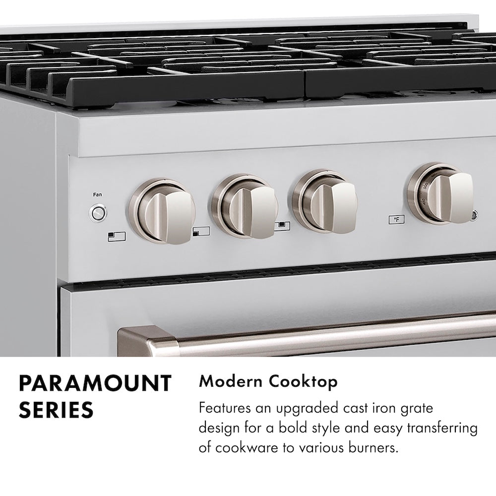 Paramount Series Infographic. Image: Cooktop with grates. Text: Modern Cooktop. Features an upgraded cast iron grate design for a bold style and easy transferring of cookware to various burners.